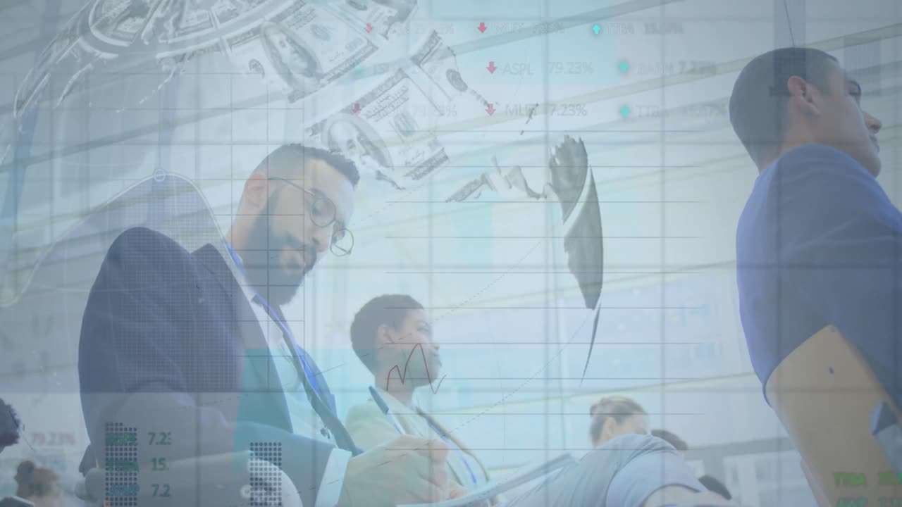 Animation of globe formed with american dollar bills over diverse business people