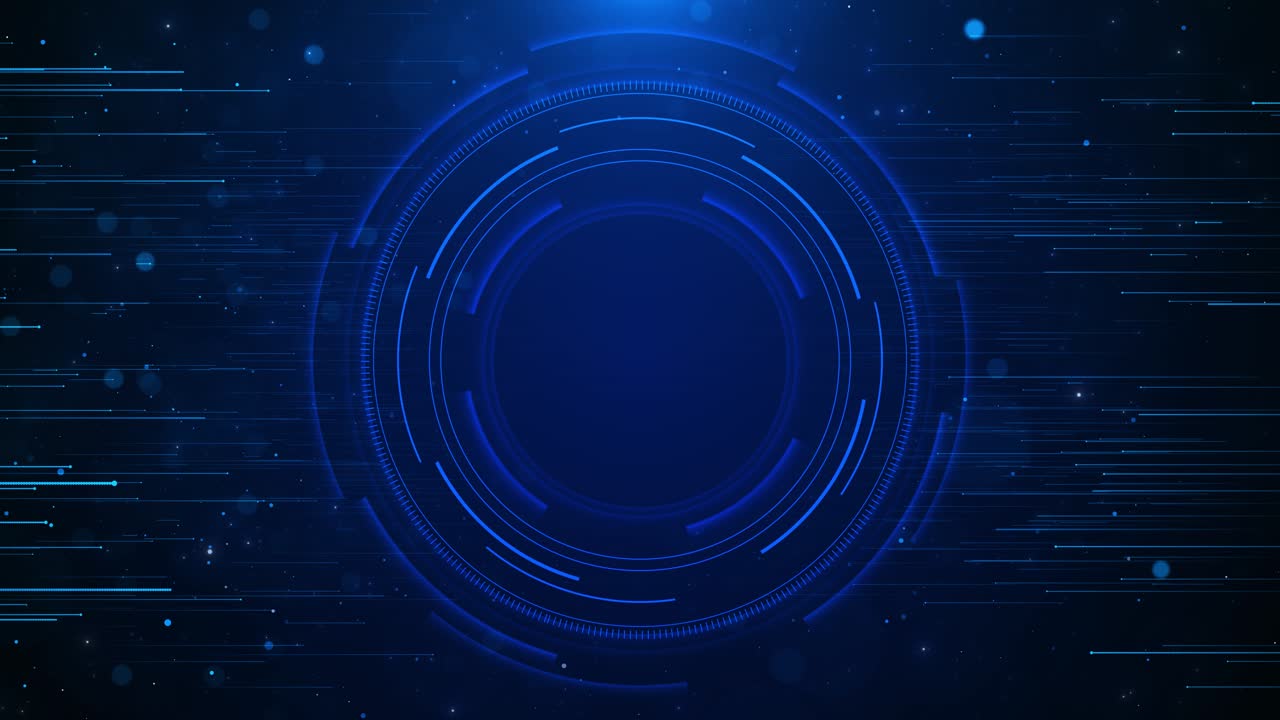 HUD blu futuristico, interfaccia circolare, anelli display futuristici, linee digitali animate per alta tecnologia.