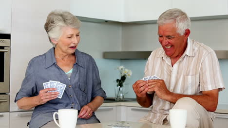 senior couple playing cards at the counter