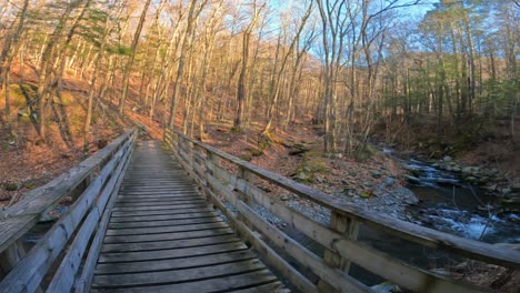 crossing a pedestrian wooden footbridge over a beautiful stream in the appalachian mountains
