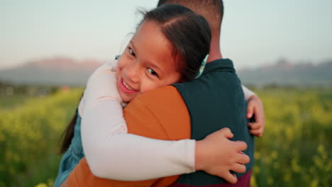 hug, child and father on a farm for holiday