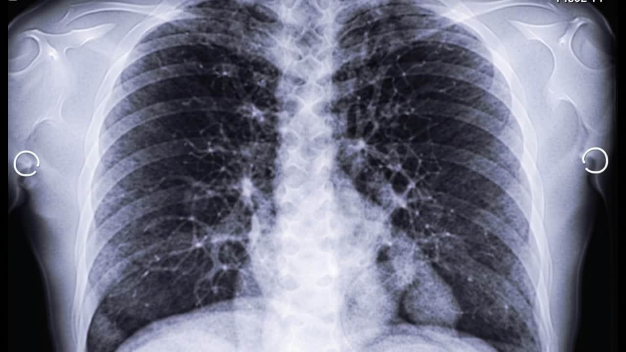 A chest X-ray displays the lungs and heart, showing various structures and potential conditions. The image provides insights during a recent medical assessment for respiratory health.