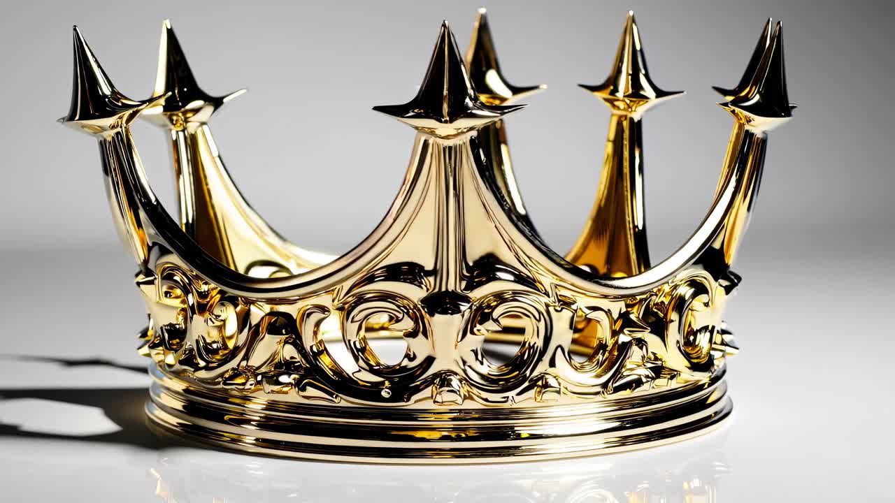 Close-up video of a golden crown with intricate details, shot from a low angle