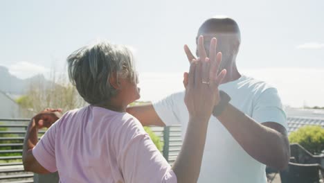 Video-of-relaxing-senior-african-american-couple-dancing-in-the-garden