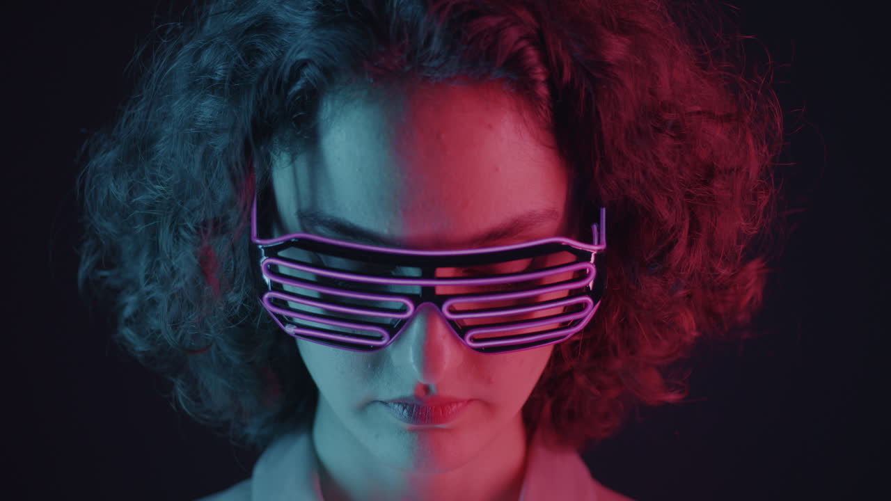 Woman in Neon 80s Style Glasses