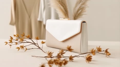 elegant beige and white clutch bag product photography