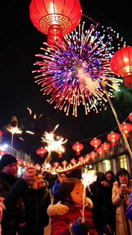 chinese new year celebration with fireworks and lanterns