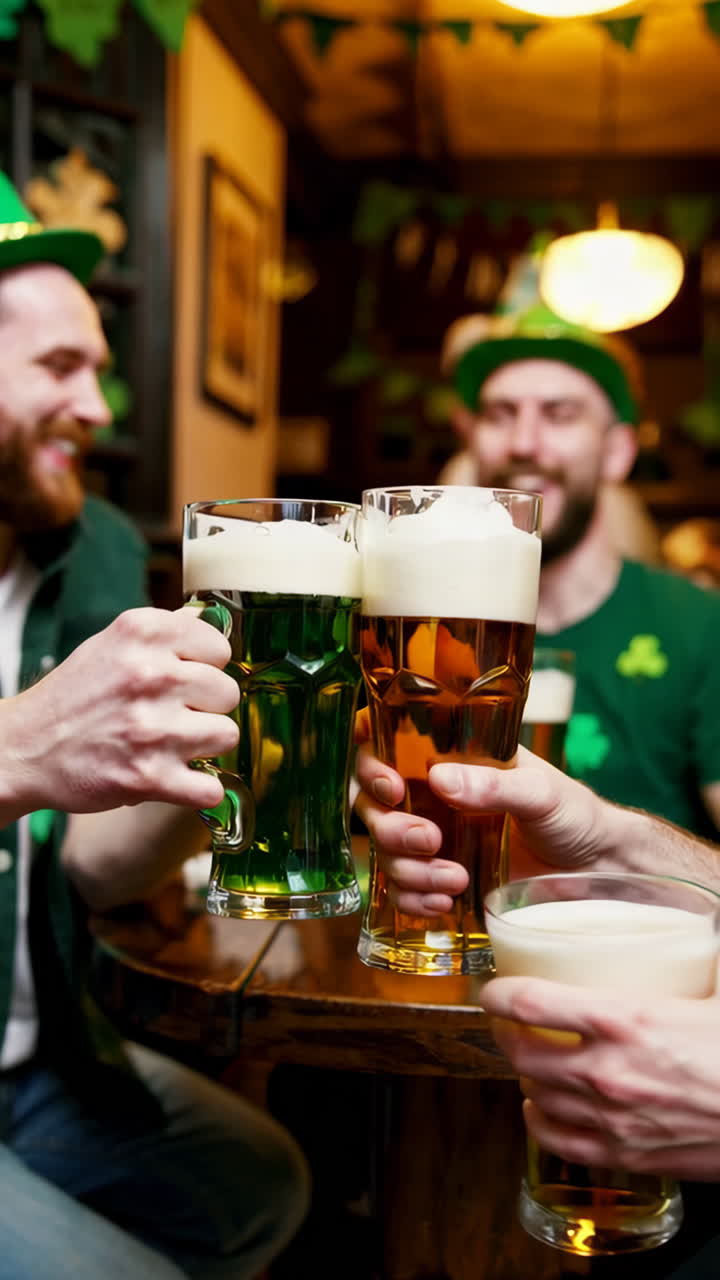 Uomini che festeggiano il Giorno di San Patrizio con birra verde in un pub.
