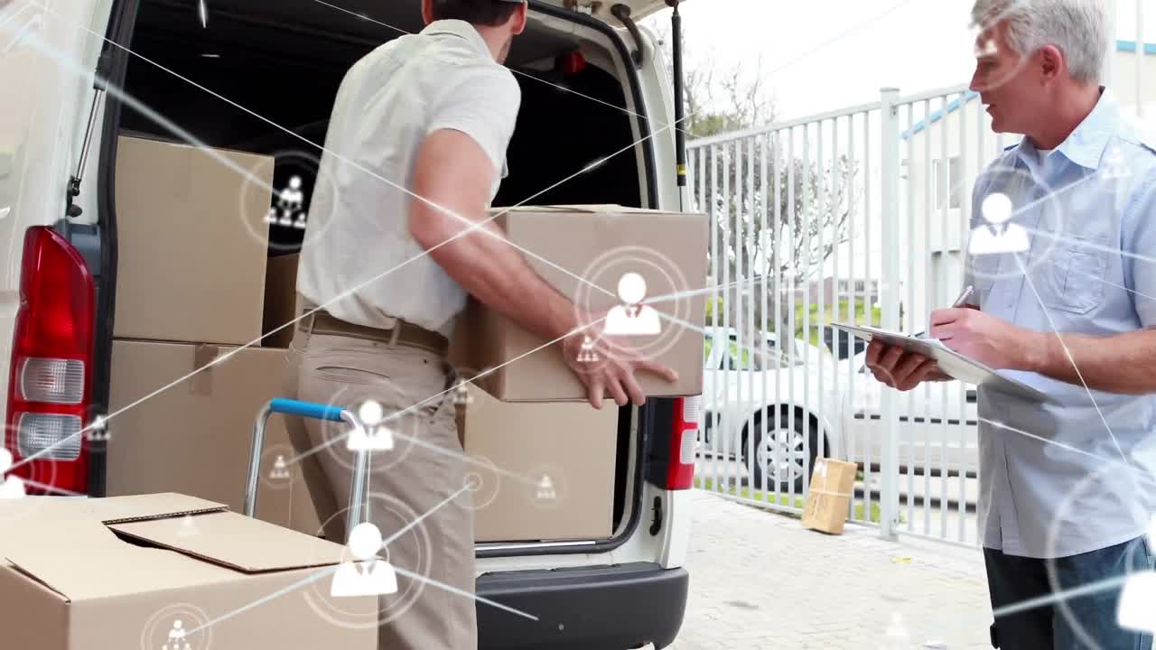 연결된 프로필 아이콘과 백인 동료들이 밴에서 상자를 확인하고 로딩하는 애니메이션