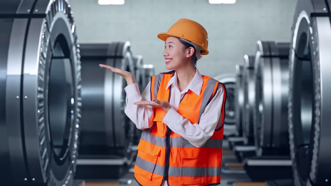안전 헬을 입은 아시아 여성 엔지니어가 금속 공장에서 서서 웃고 을 가리키고 있습니다.