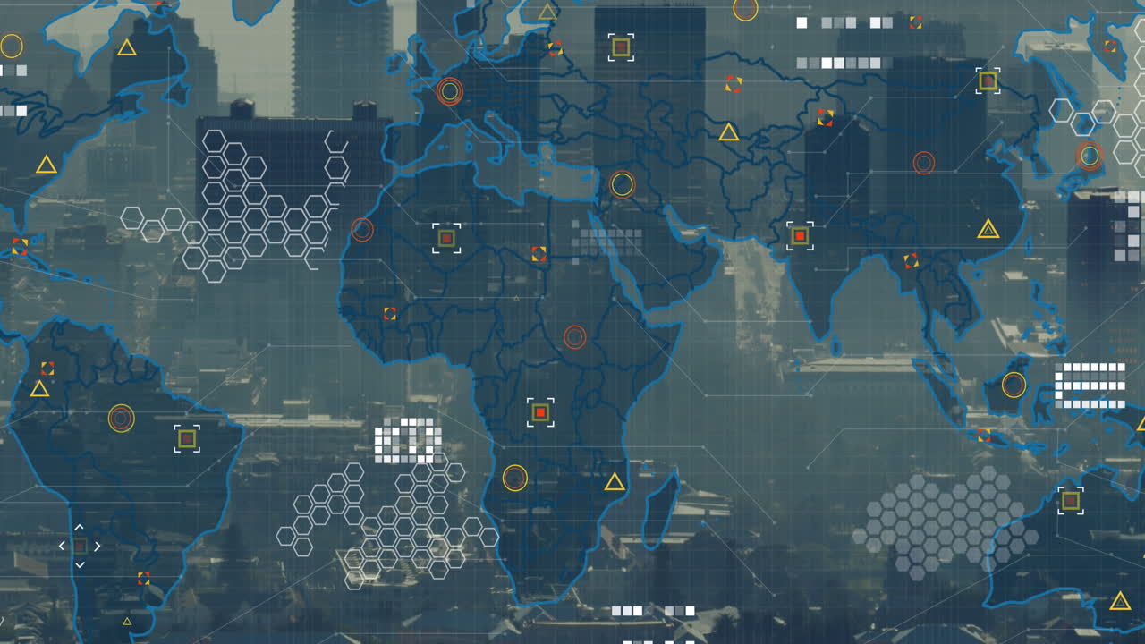 Animation of data processing and world map against aerial view of cityscape