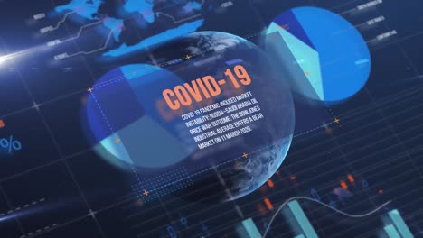 covid-19 text banner and statistical data processing against globe on blue background