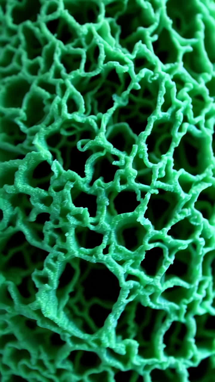 Close-up of a 3D-printed, green, porous structure
