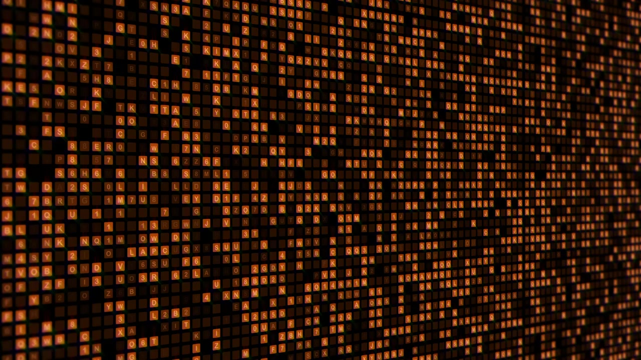 Flusso di dati digitali con lettere e numeri arancioni luminosi