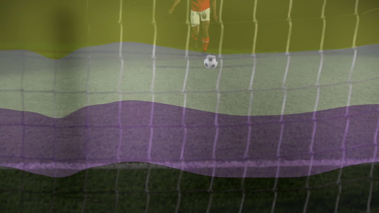 soccer player shooting ball into goal net under stadium lights, showcasing technology data overlays