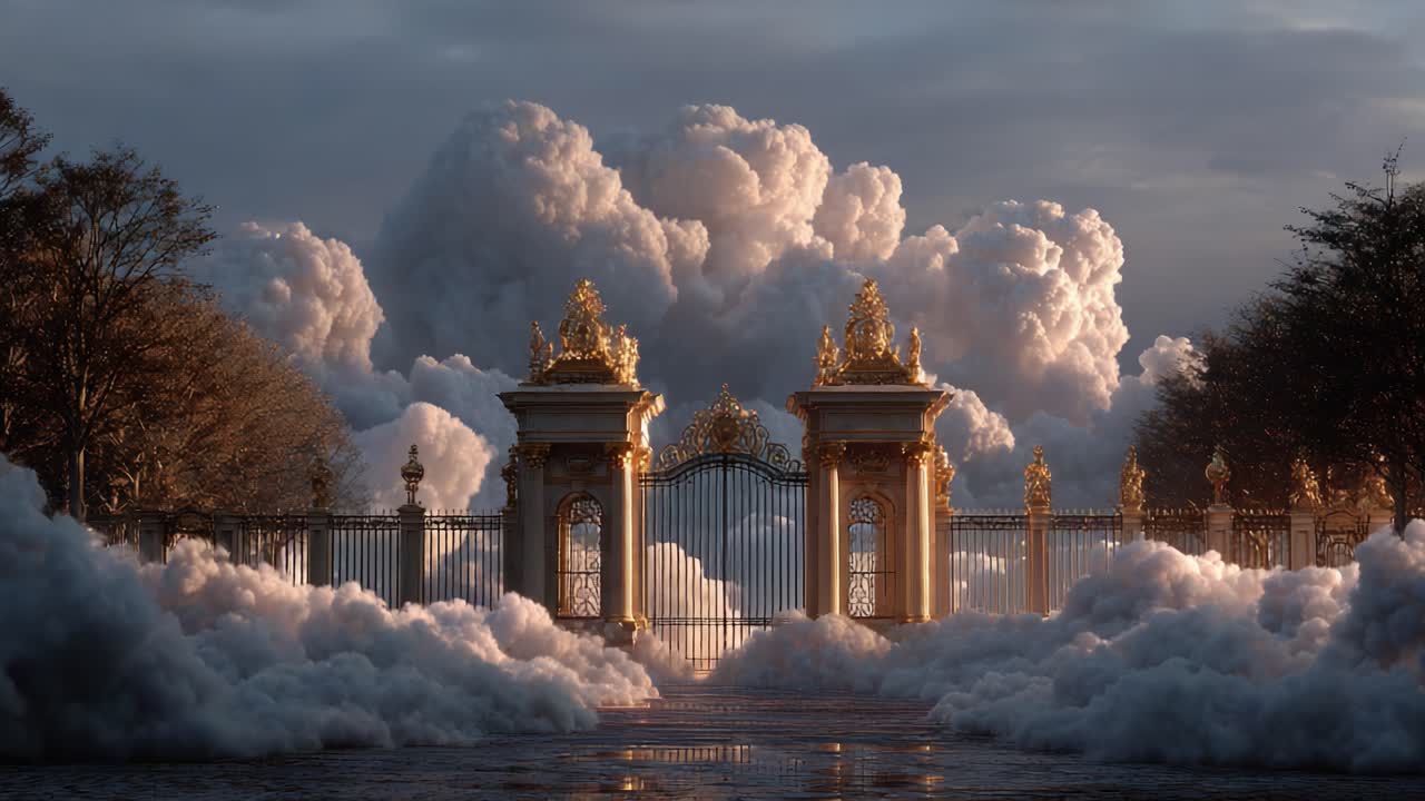 Majestic Golden Gates Surrounded by Ethereal Clouds Under a Dreamy Sky at Dusk, Creating a Serene and Enchanting Atmosphere of Mystery and Wonder
