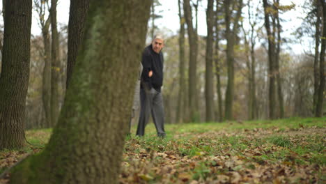 elderly couple walking through an autumn forest