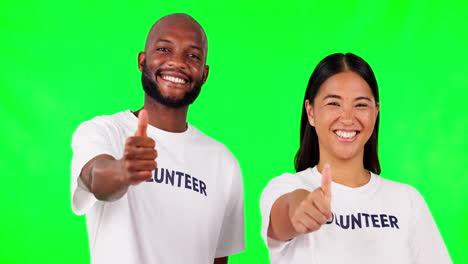 Thumbs-up,-volunteer-and-happy-with-people