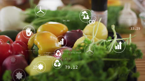 fresh vegetables with sustainability icons and environmental data in animation overlay