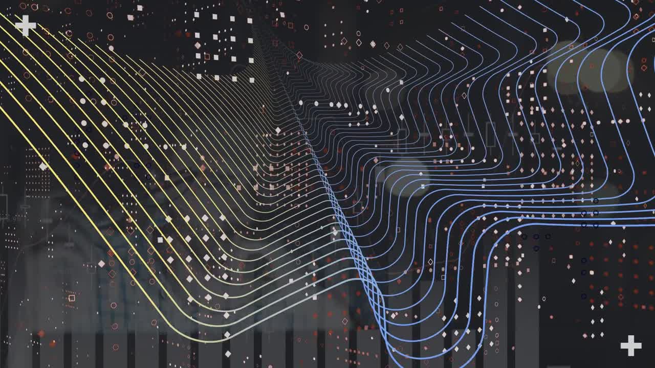 Animation of digital wave over statistical data processing against caucasian man using laptop