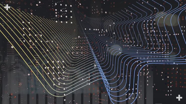 Animation of digital wave over statistical data processing against caucasian man using laptop