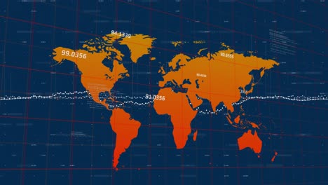 animation of numbers and graphs over grid pattern and map against computer language