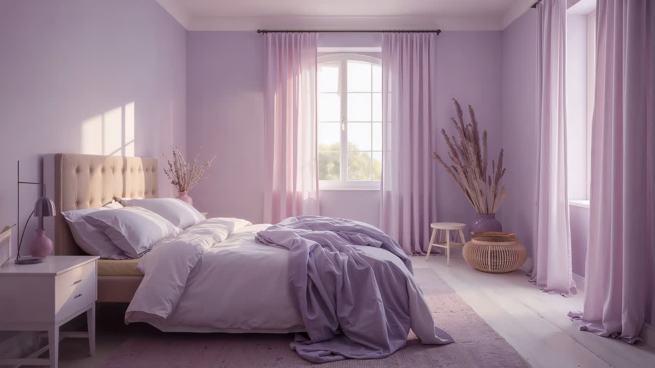 Lenzuola che si muovono sul letto a causa della leggera brezza in una camera da letto color lavanda, tende fluttuanti