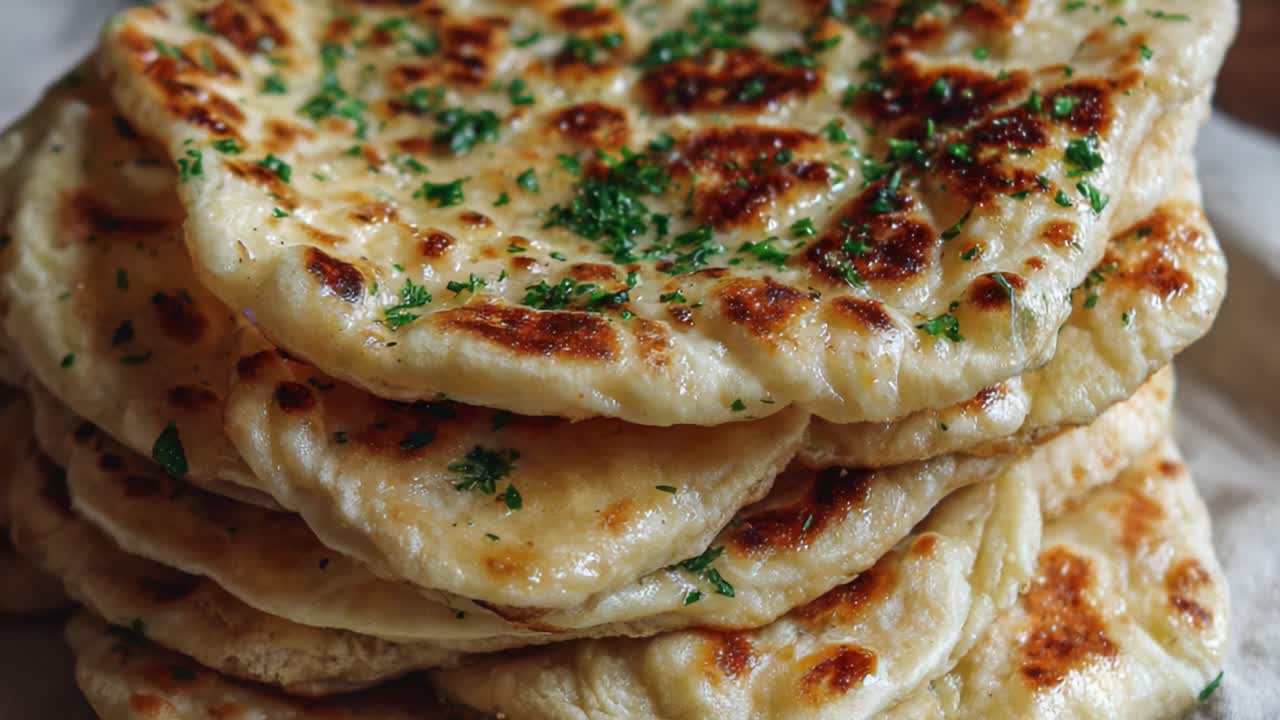 Deliciously Golden-Brown Flatbreads Stacked Neatly with Fresh Green Garnish Enhancing Their Tempting Appearance and Appetizing Texture