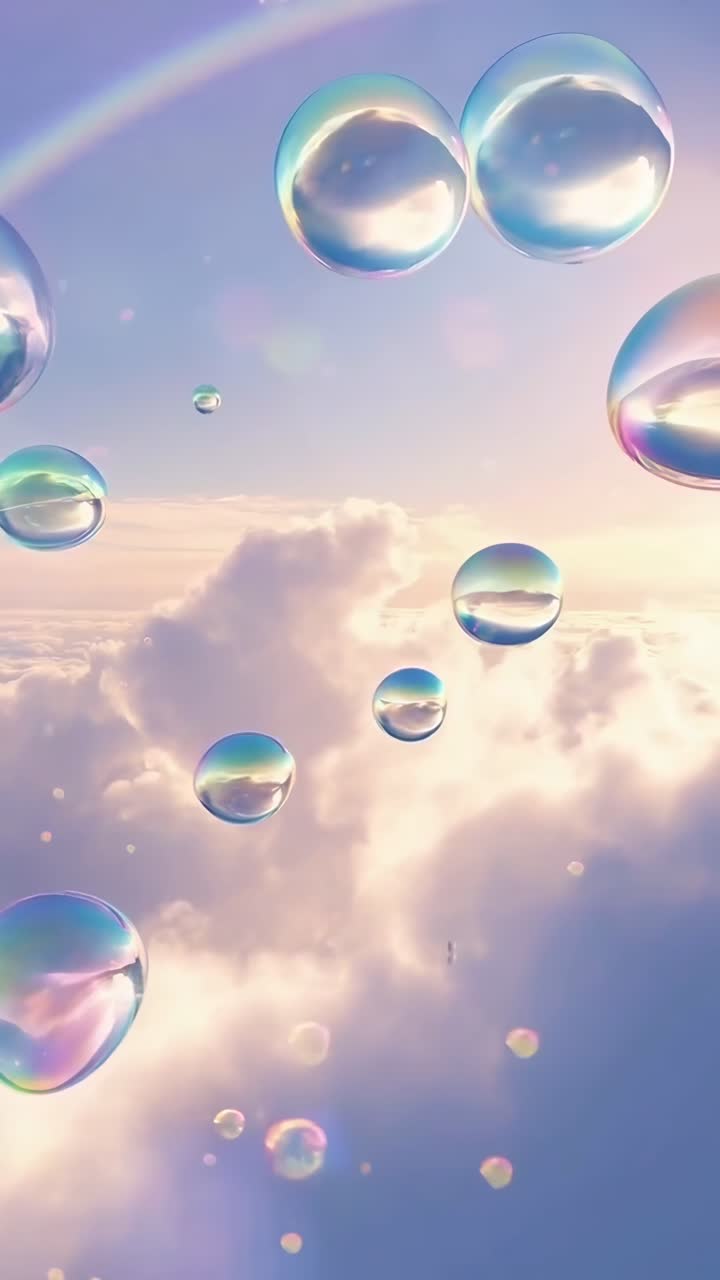 Surreal video concept with floating bubbles in the sky, captured from a low angle