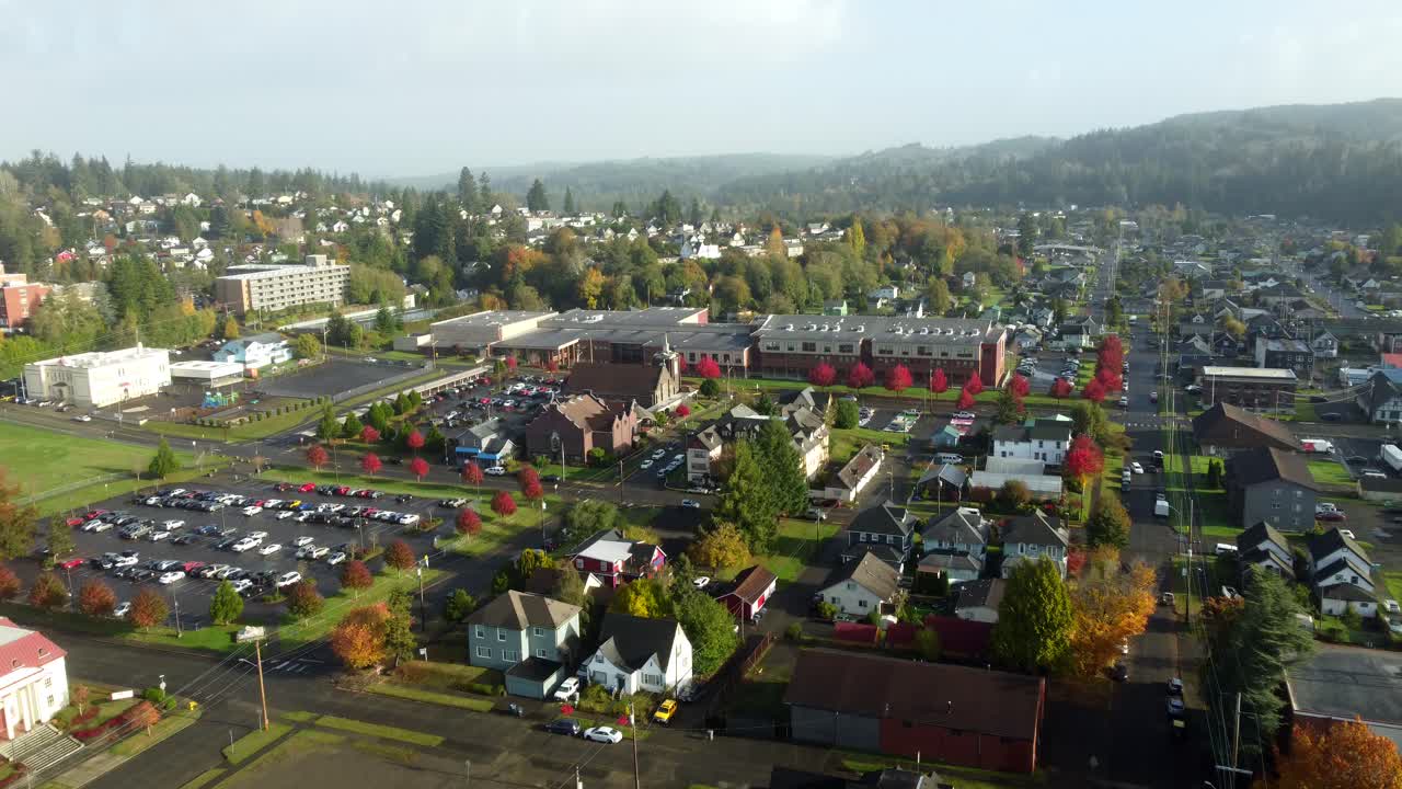 US, WA, Aberdeen, 2025-10-29 - Drone view of the city in Fall