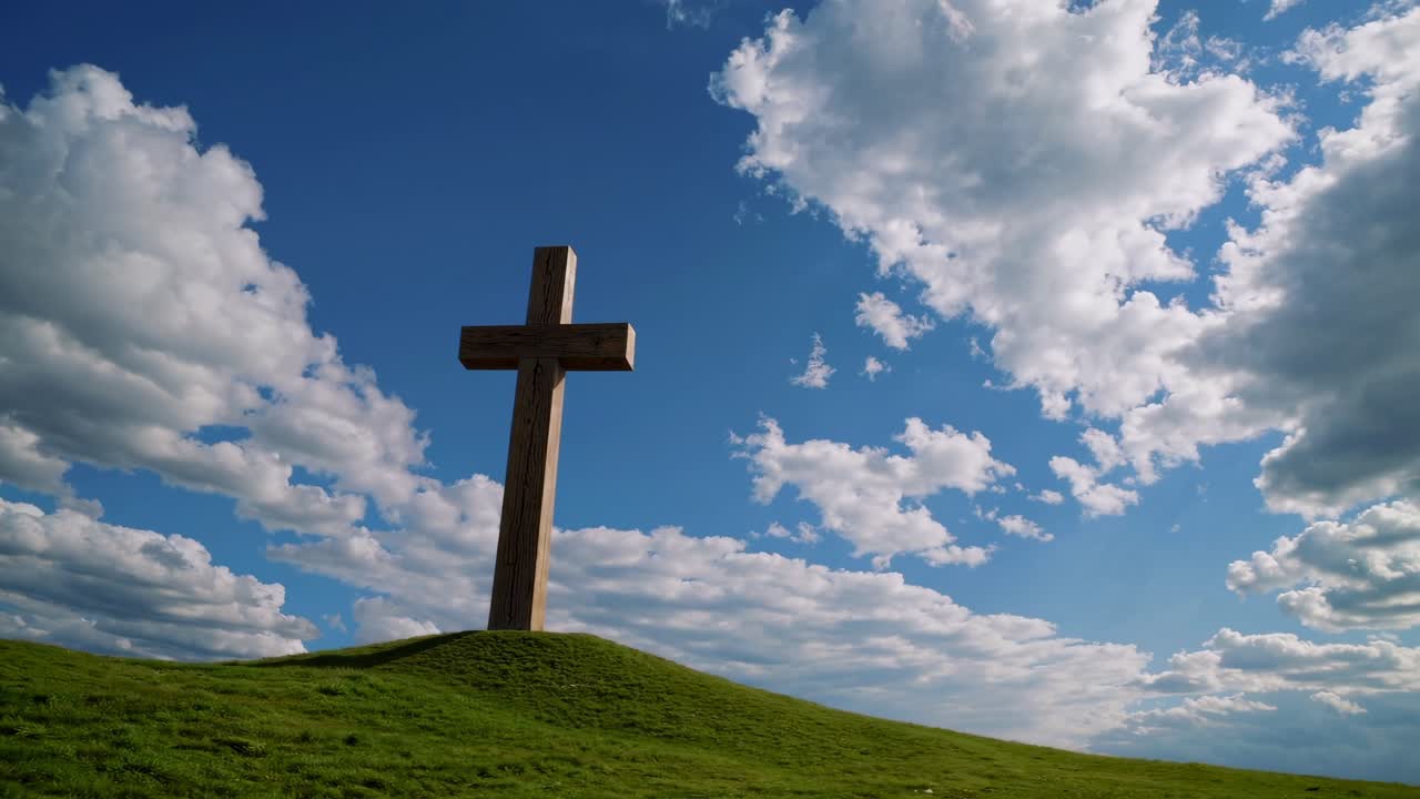 Video da una posizione ribassata di una croce di legno su una collina erbosa sotto un cielo blu intenso con nuvole sparse