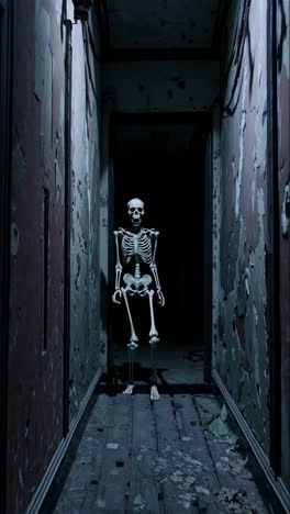 creepy skeleton walking in a dark and scary abandoned hallway of an old haunted house, with a single light illuminating the scene, creating a spooky atmosphere