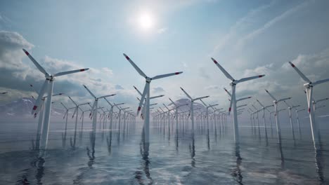 offshore wind turbines farm, wind turbines farm in the sea, with snowy mountains in the background, 3d animation, animated scene, camera dolly right