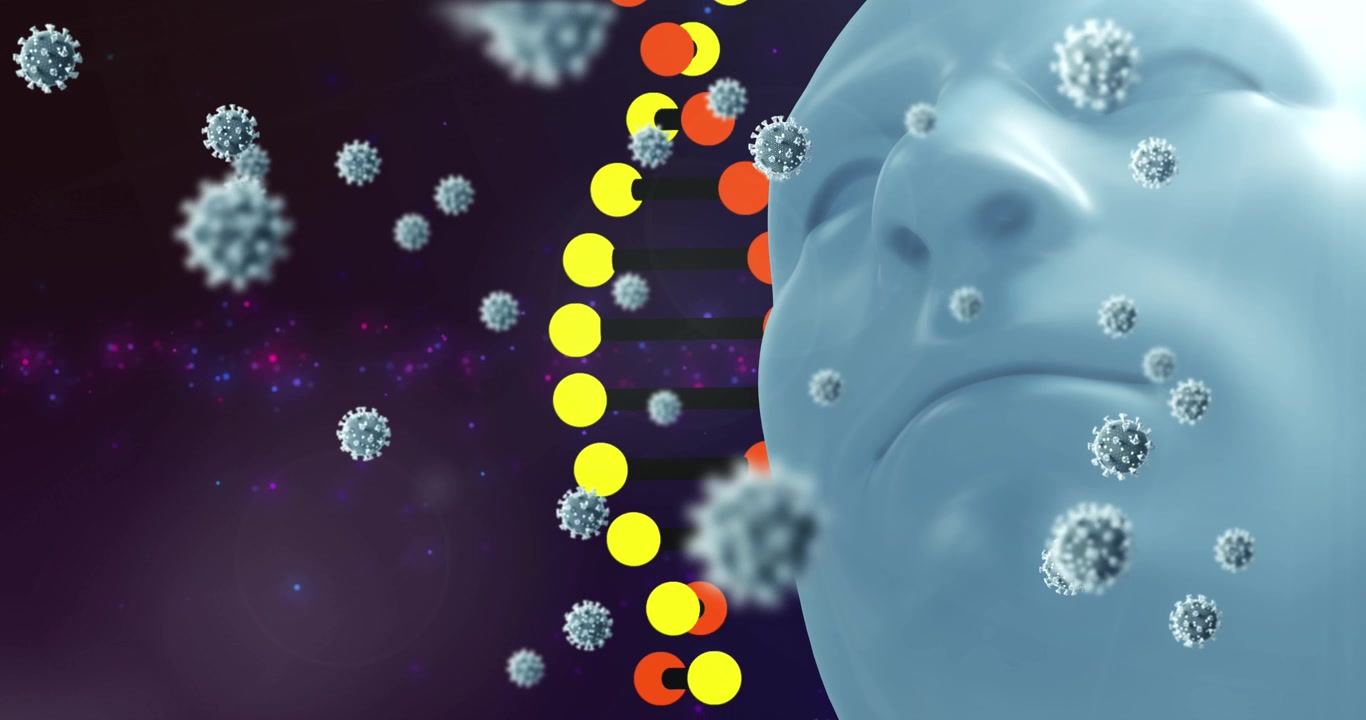 Animation af menneskemodel og DNA over sort baggrund med vira.