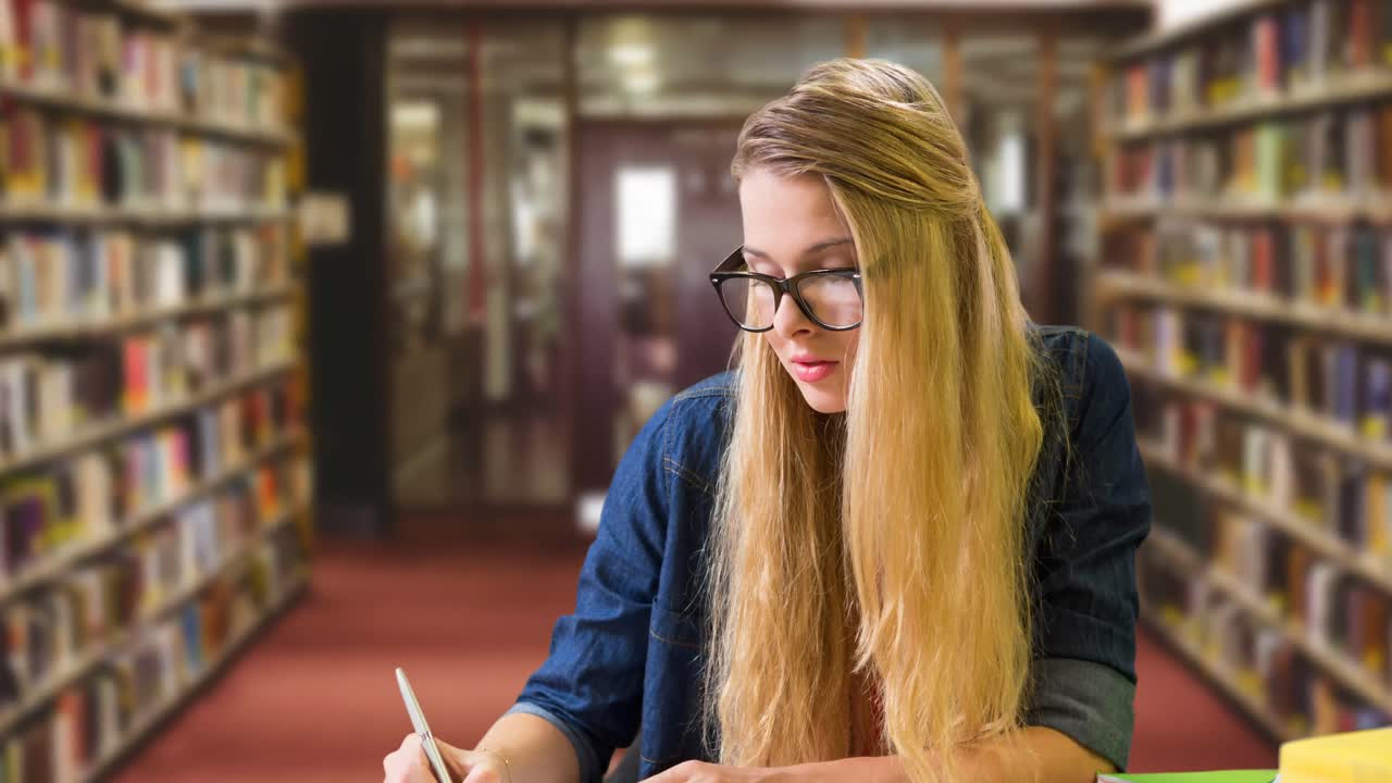 estudiante universitaria caucásica estudiando en la biblioteca de la universidad
