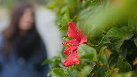 close up a of female model walking into focus frame and stopping to smell flower in slow motion