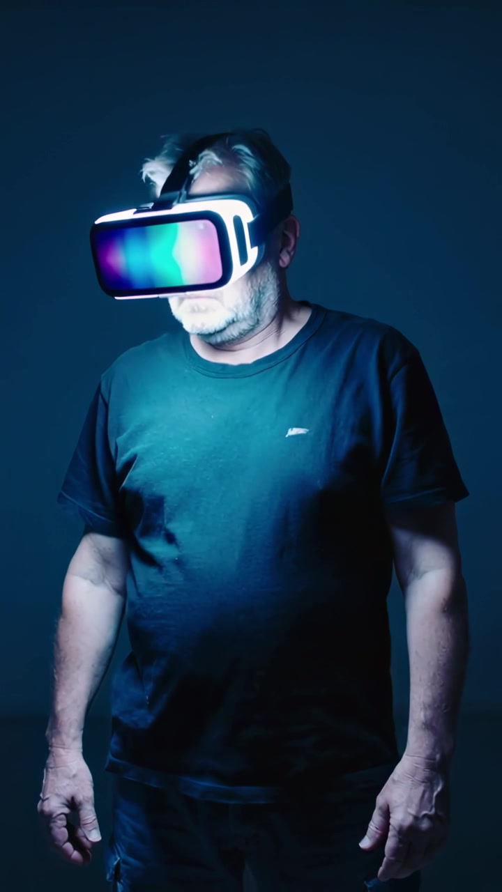 Video verticale: Visore VR che si accende, uomo che gira la testa in studio, esplorando una scena VR, con maglietta scura