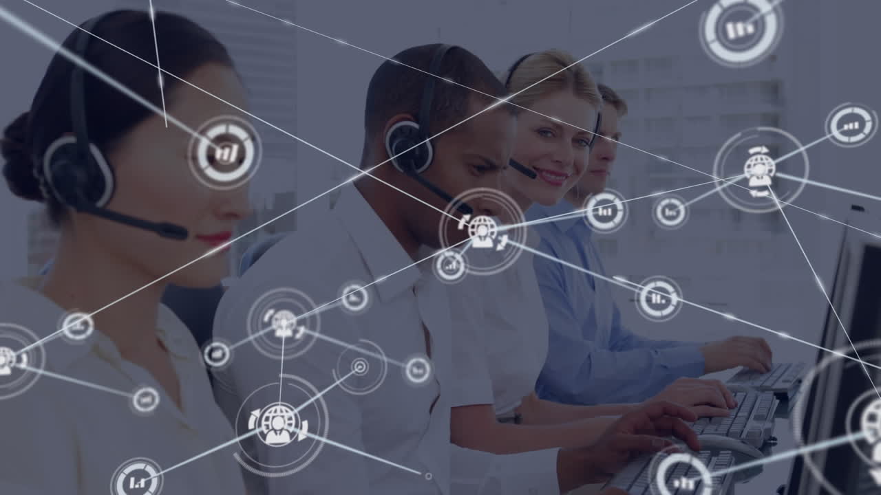 Animation of network of digital icons on team of diverse customer care executives working at office