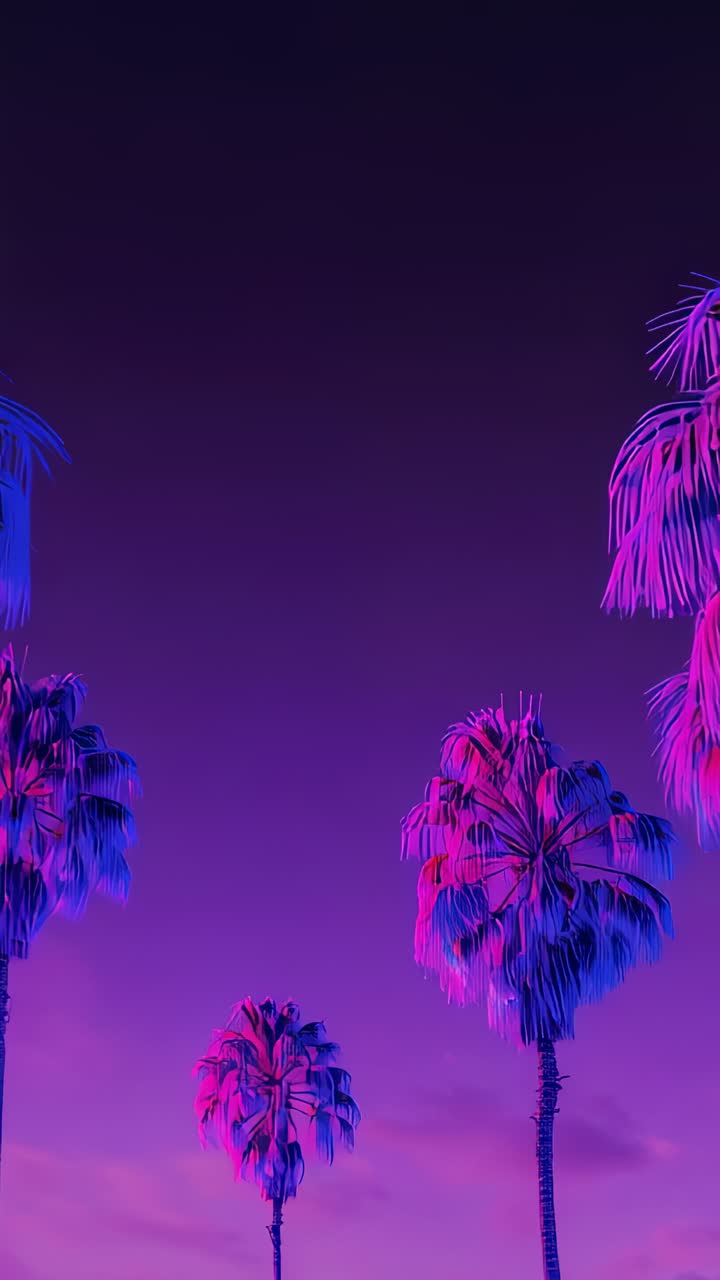 Vertical video: Holding camera capturing neon-lit palm trees at dusk, against purple gradient sky
