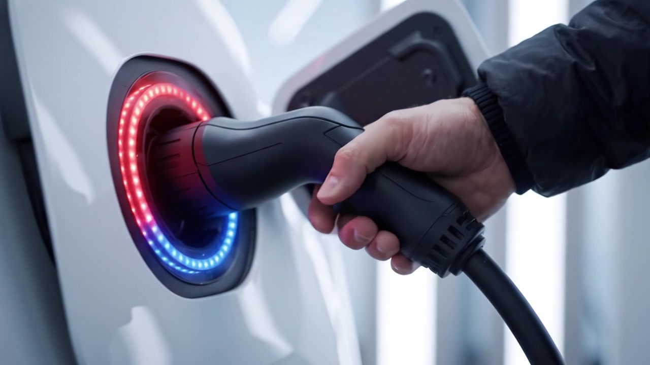 Transición Fluida de Carga de Vehículos Eléctricos: Capturando la Conexión Futurista entre un Enchufe de Carga y el Puerto de Alimentación de un Coche Eléctrico