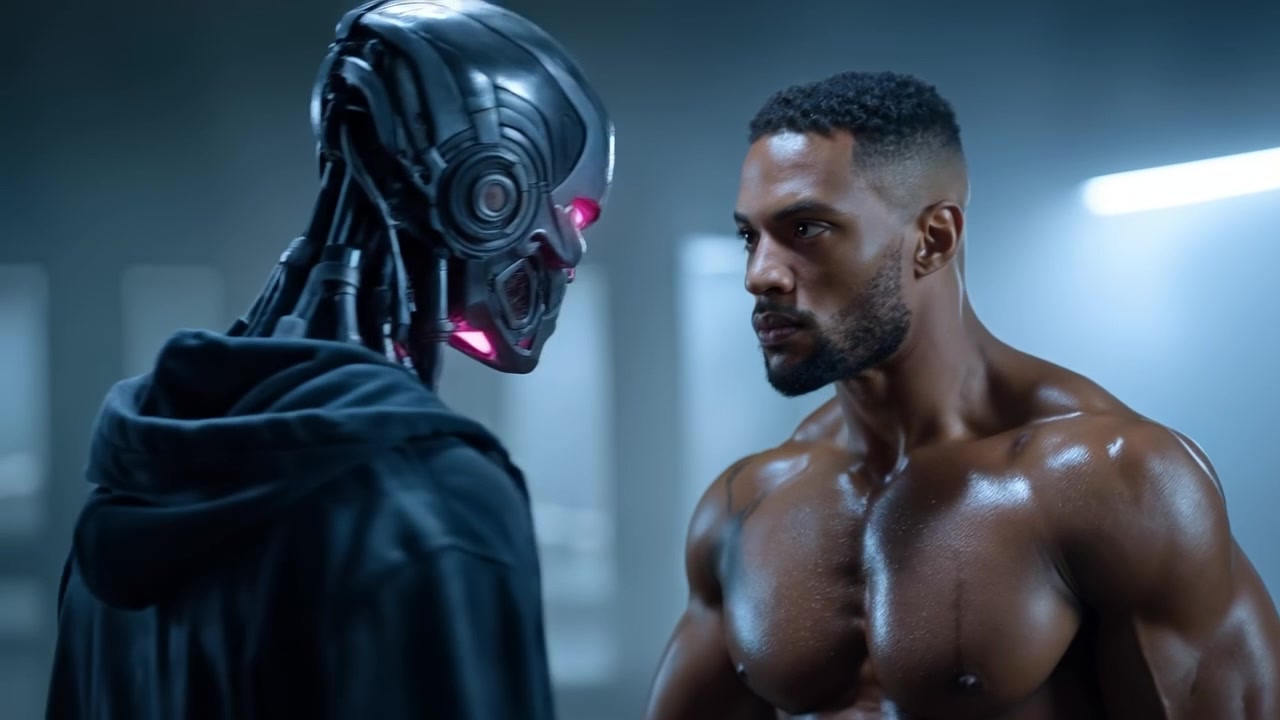 Intenso confronto tra un uomo muscoloso e un robot futuristico in un ambiente di laboratorio ad alta tecnologia