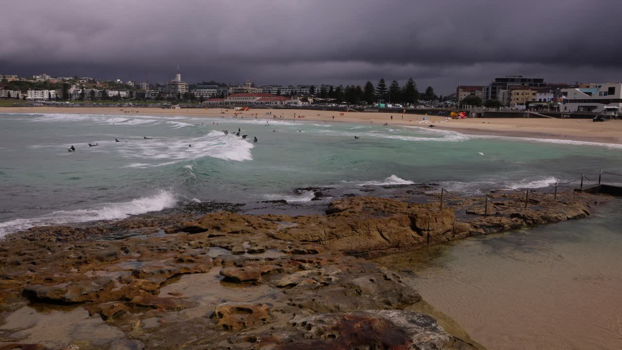 View looking South from North Bondi Beach on a rainy day, Sydney, Australia