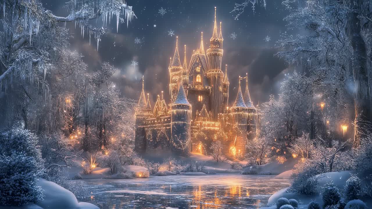 Snow is falling softly on a fairytale castle illuminated by warm lights, creating a magical and enchanting atmosphere reflected on the frozen lake