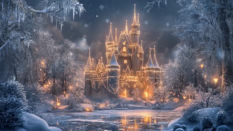 snow is falling softly on a fairytale castle illuminated by warm lights, creating a magical and enchanting atmosphere reflected on the frozen lake