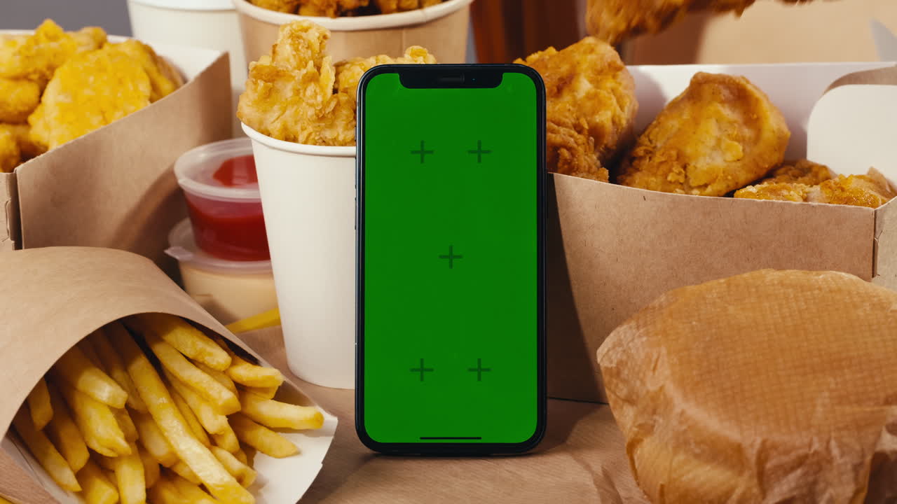 Fried Chicken, Fries, and Burgers with a Green Screen Phone