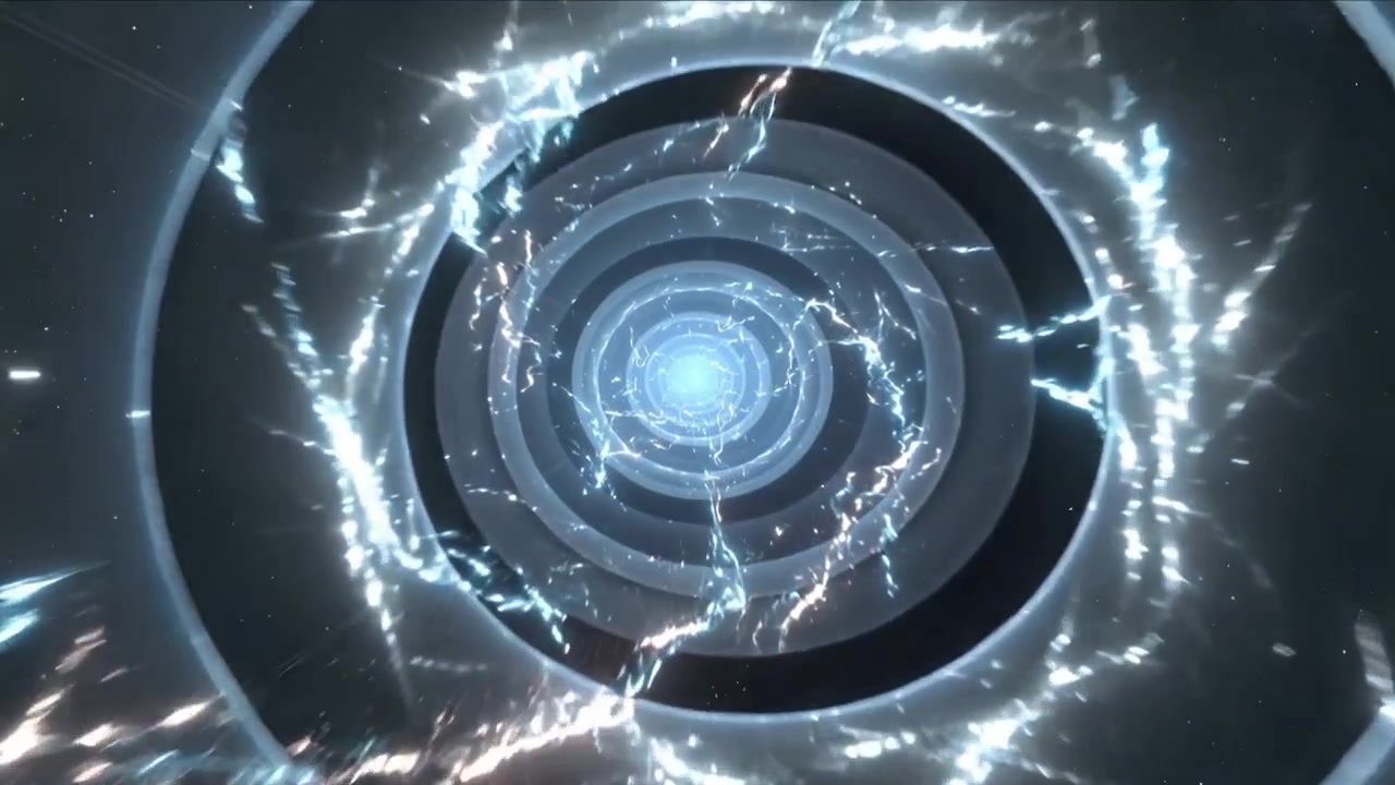 Pulsing concentric rings sending energy filaments surging around blue core in space forming portal