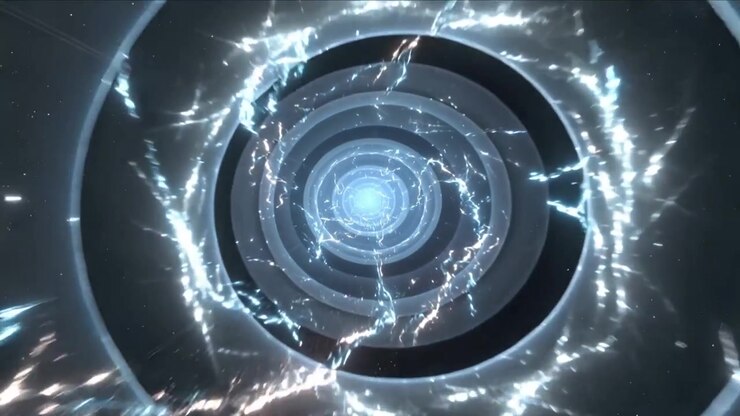 Anelli concentrici pulsanti che inviano filamenti di energia che si sprigionano attorno a un nucleo blu nello spazio, formando un portale.