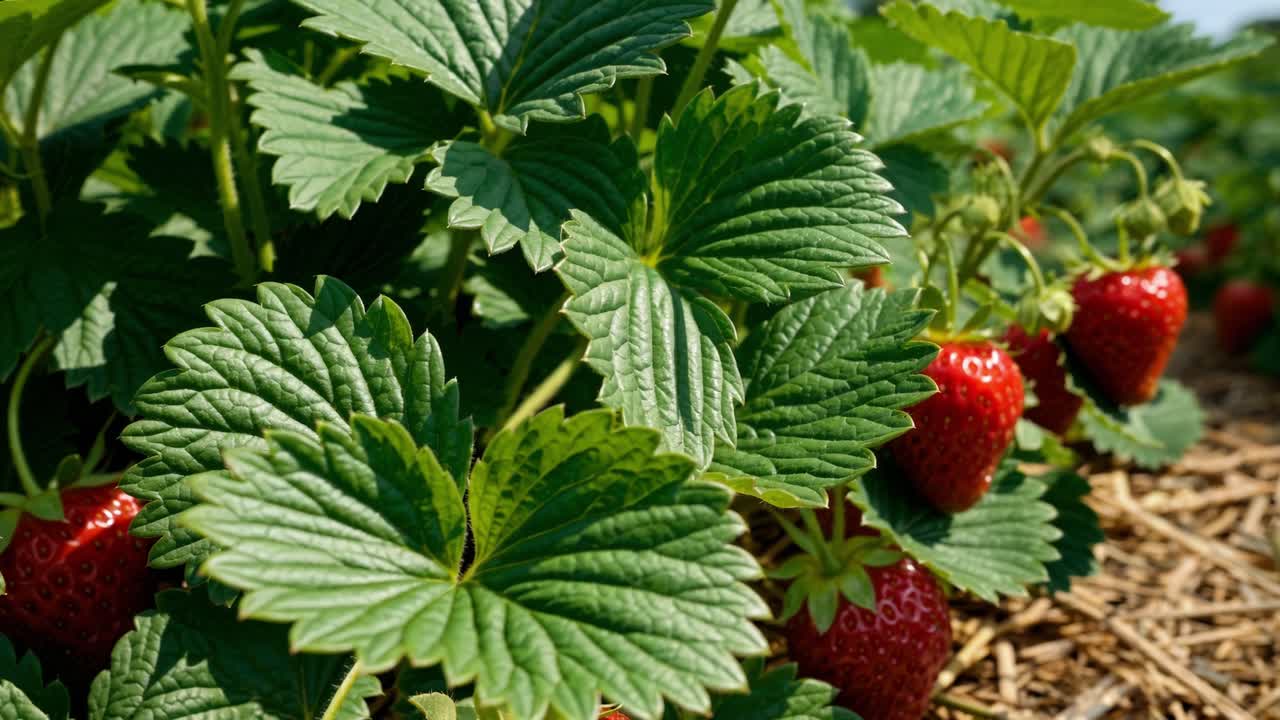 Witness the vibrant growth of strawberries in a lush field under the warm sun. The rich green leaves provide a perfect backdrop for the bright red fruit, showcasing the beauty of nature. Farmers can be seen tending to the plants, practicing sustainable growing methods. As the day unfolds, the fresh 