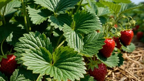 witness the vibrant growth of strawberries in a lush field under the warm sun. the rich green leaves provide a perfect backdrop for the bright red fruit, showcasing the beauty of nature. farmers can be seen tending to the plants, practicing sustainable growing methods. as the day unfolds, the fresh