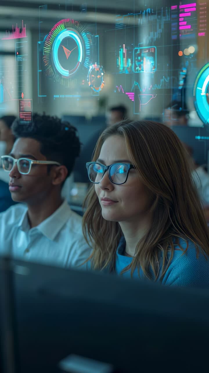 Vertical video: Reticle forming and locking onto woman wearing glasses, blue top at lab showing HUD